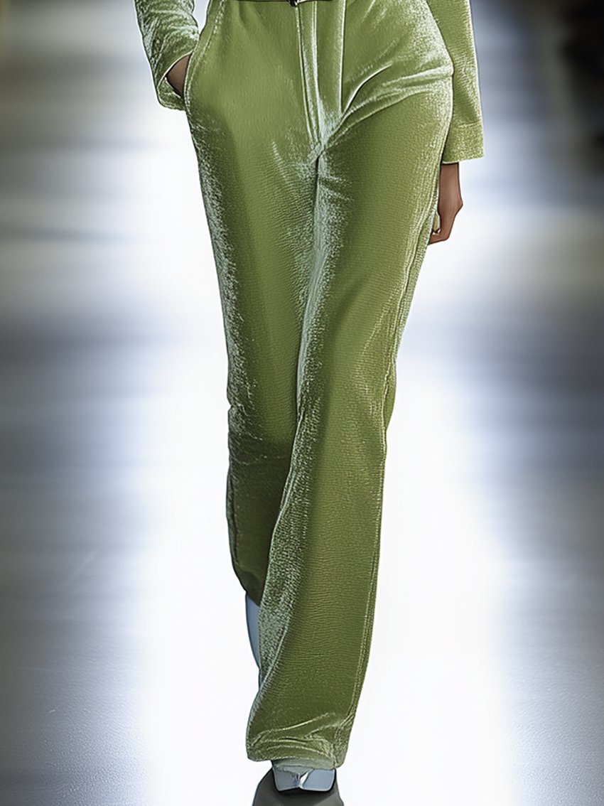 Light Green Velvet Jumpsuit With Belt