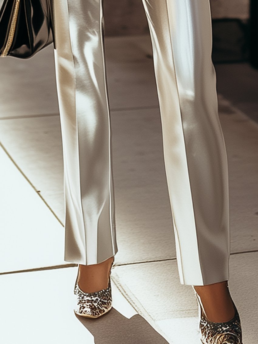 Fashion Silver Satin Double-row Button Pants