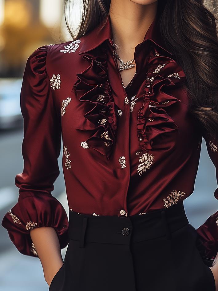 Dark Red-Print Satin Vintage Blouse