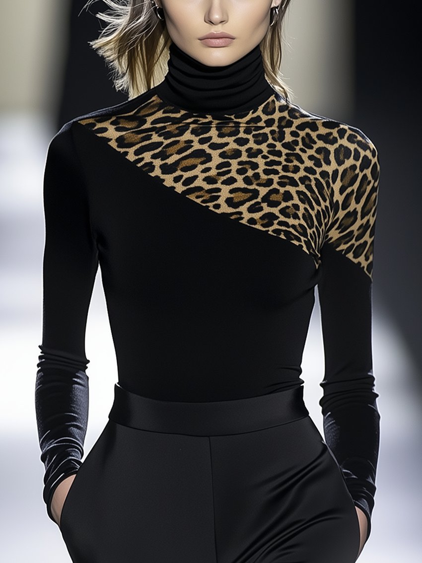 Leopard Shoulder Black Stretch Skinny T-shirt