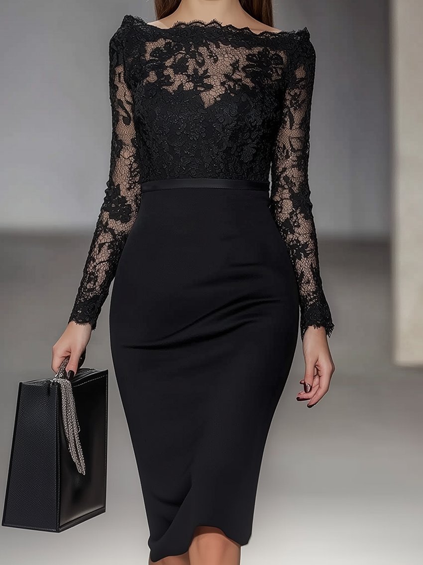 Black Bodycon Dress With Upper Half Lace Stitching