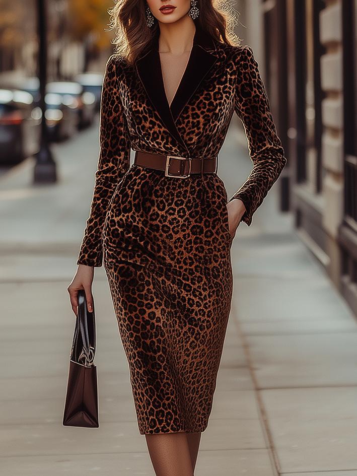 Belted Leopard-Print Velvet Skinny Dress