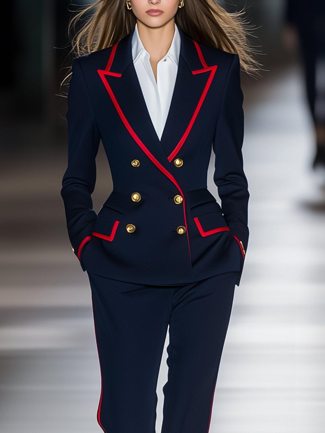 Dark Blue Blazer With Red Trim And Double Breasted