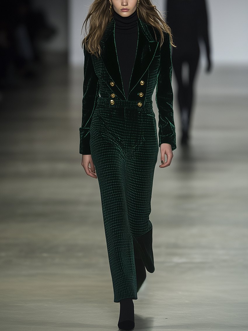 Green Velvet Jumpsuit With Black Checkered Pattern