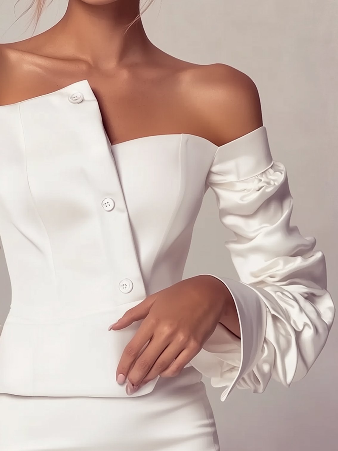 White Off-the-shoulder Blouse With Pleated Sleeves