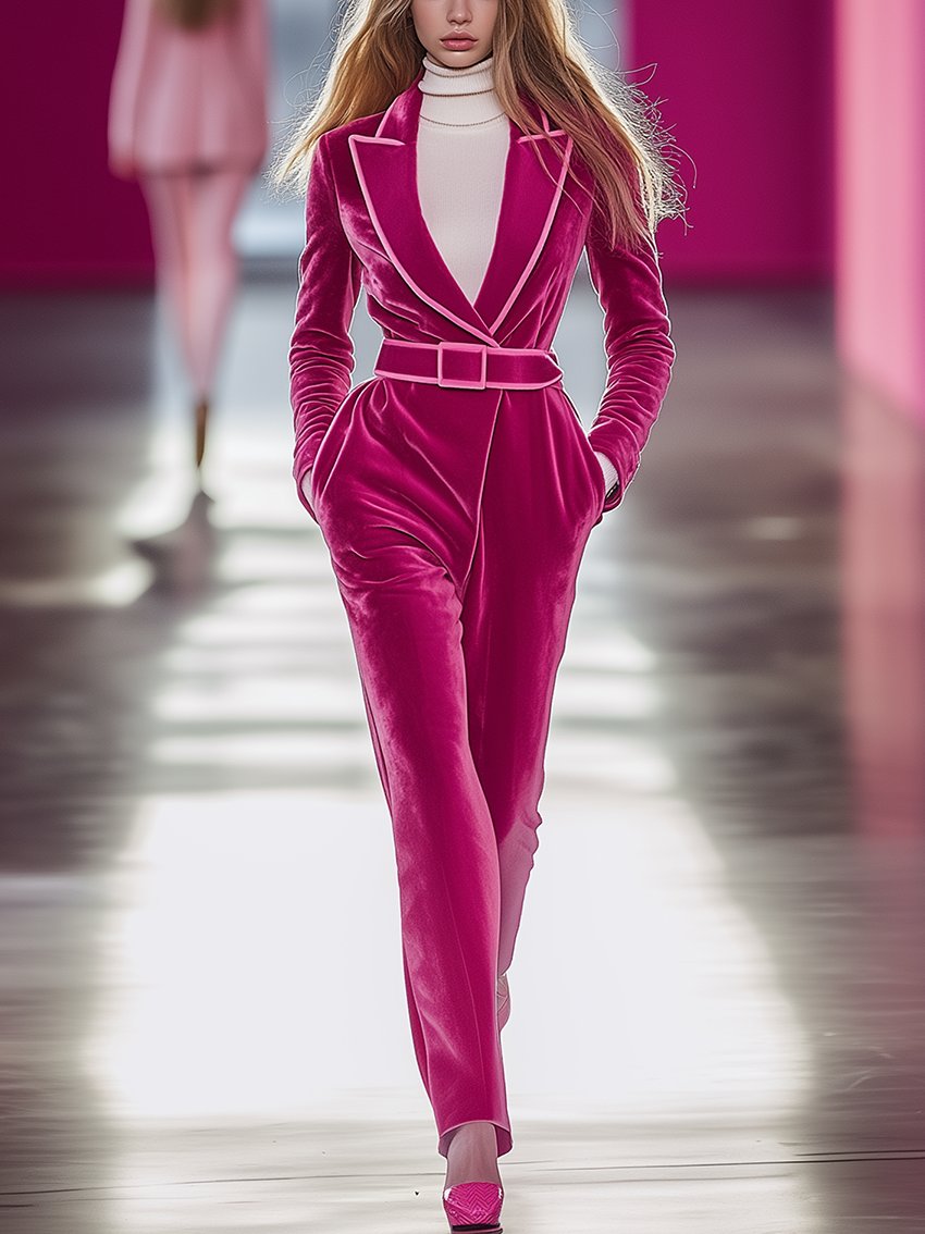 Barbie Pink Velvet Jumpsuit With Light Trim And Belt