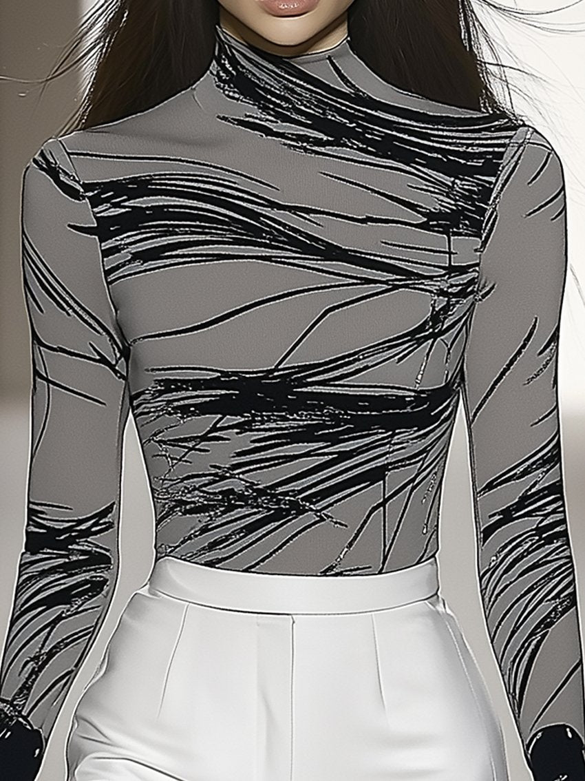 Gray Stretch Tight T-shirt With Black Abstract Lines