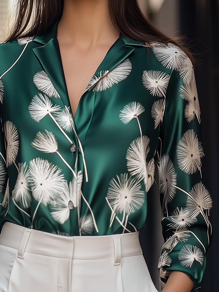 Green Dandelion-Print Satin Blouse