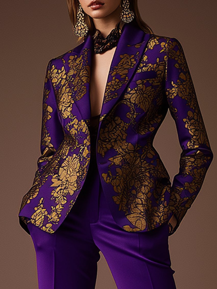 Purple Blazer With Gold Luxury Print