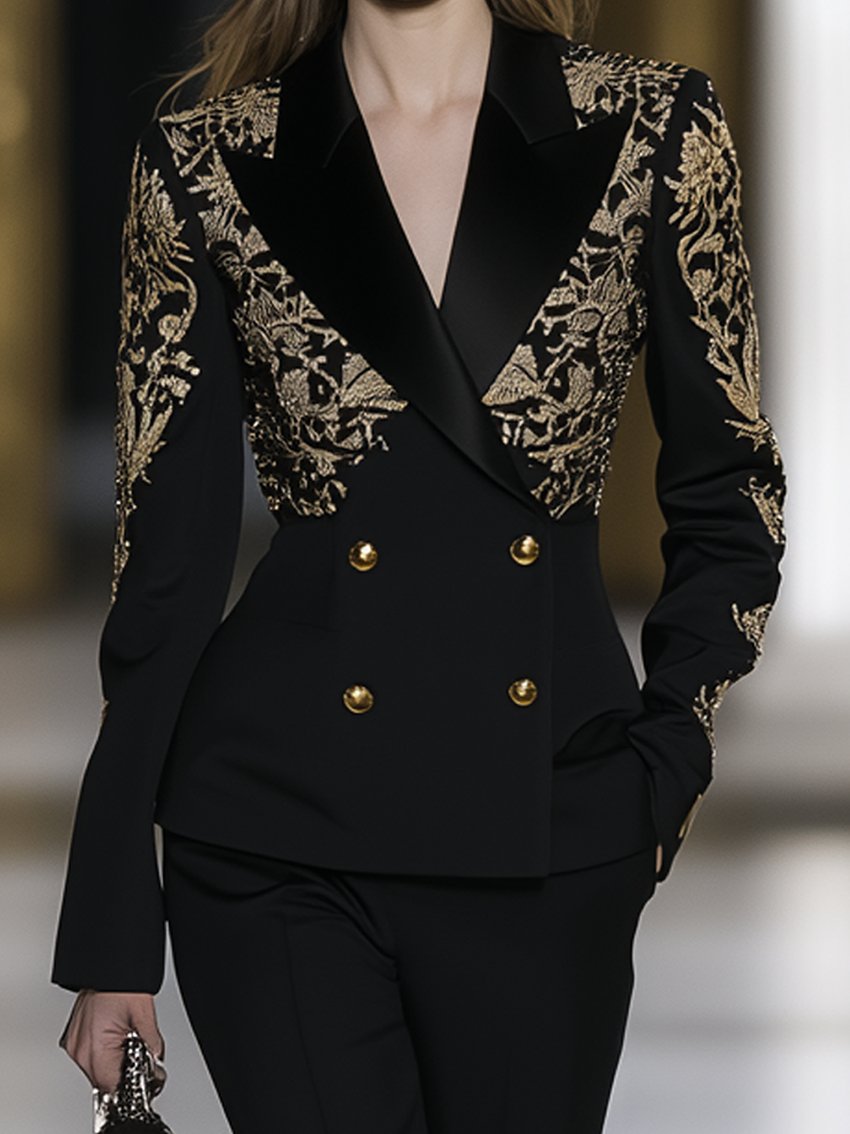 Black Blazer With Gold Lace Print