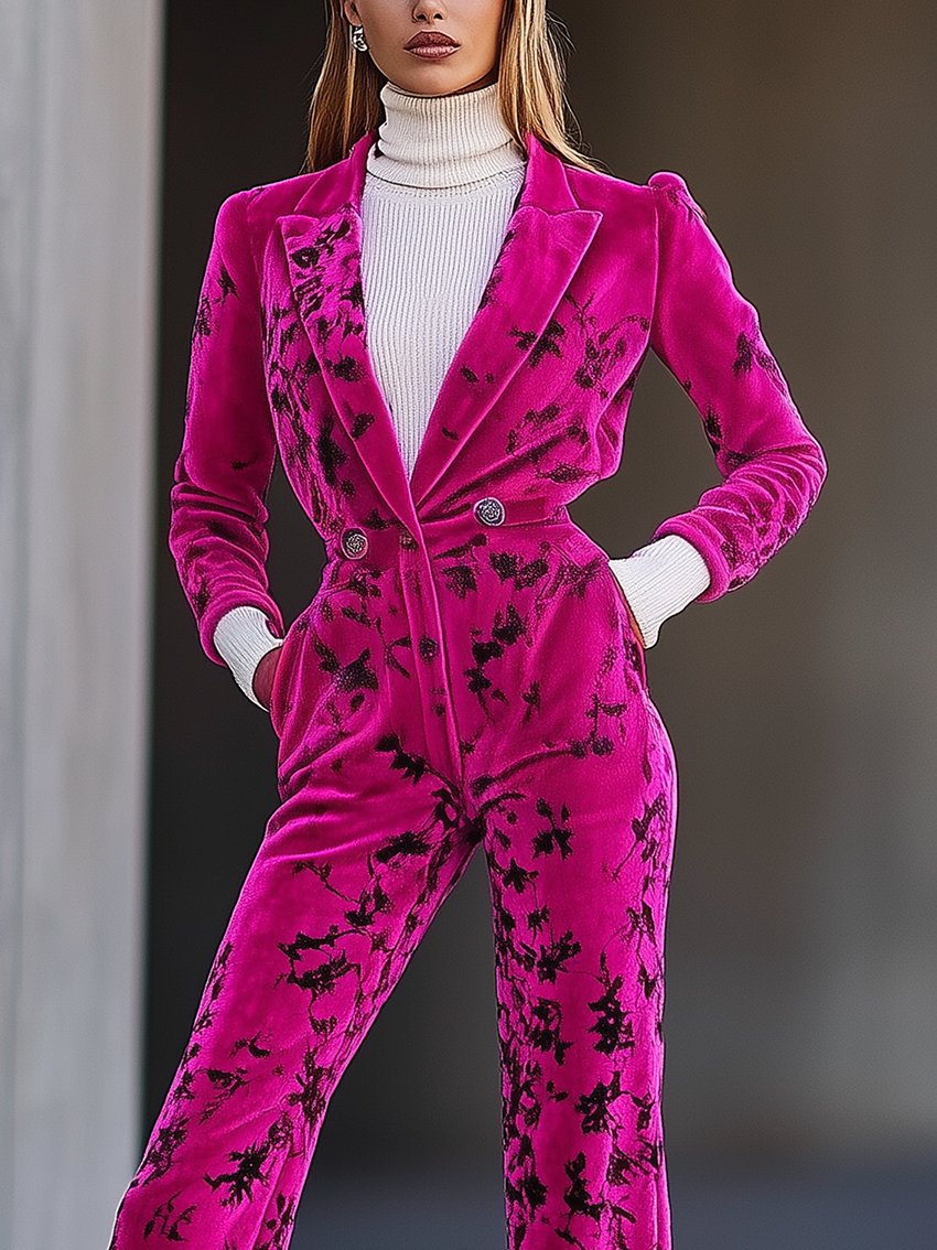 Barbie Pink Velvet Jumpsuit With Black Plant Print