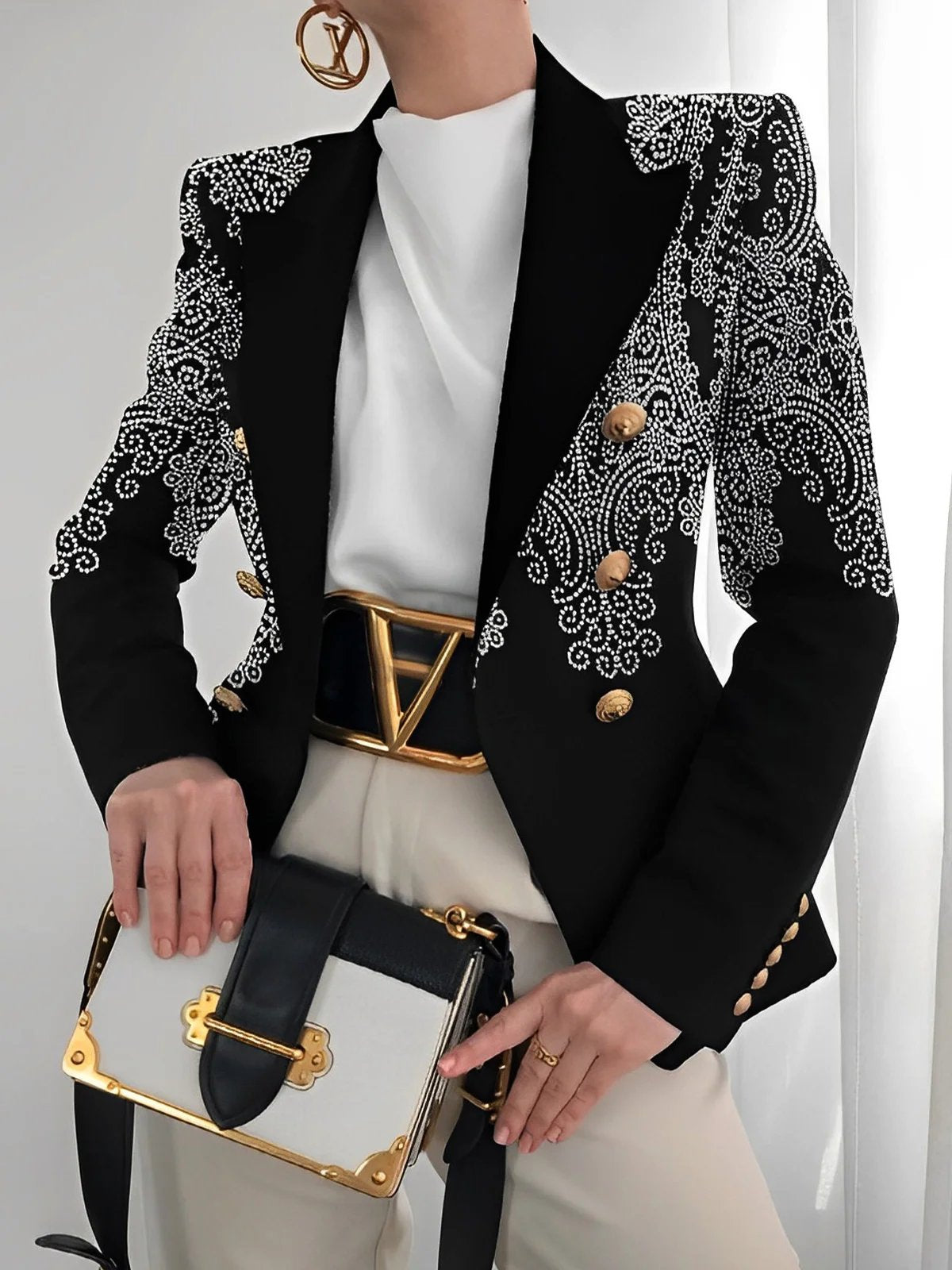 Floral Lapel Collar Buttoned Blazer