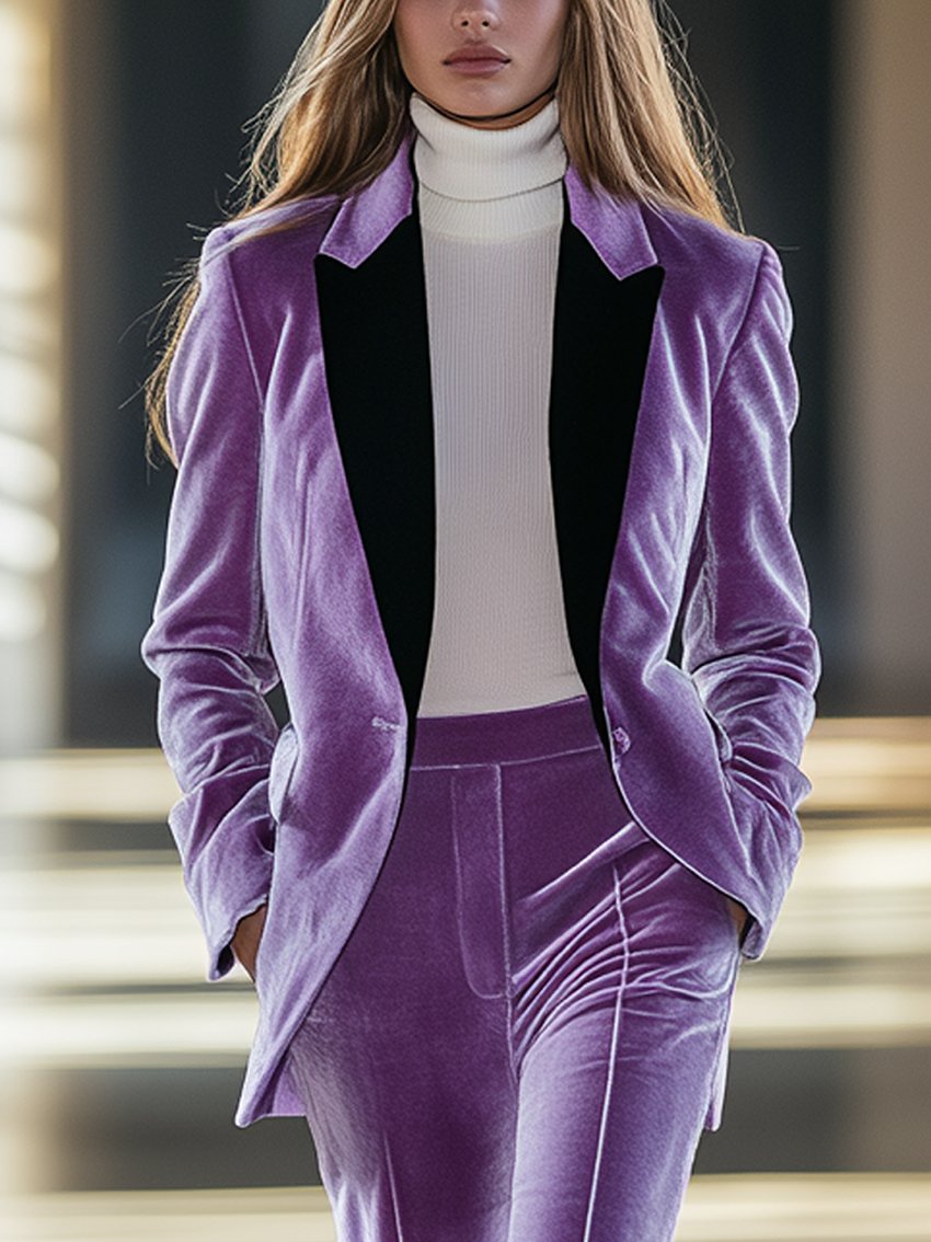 Cream Purple Velvet Blazer With Dark Purple Collar