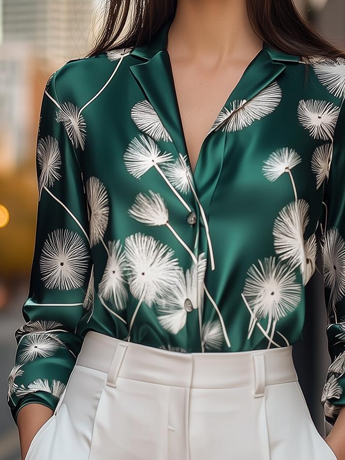 Green Dandelion-Print Satin Blouse