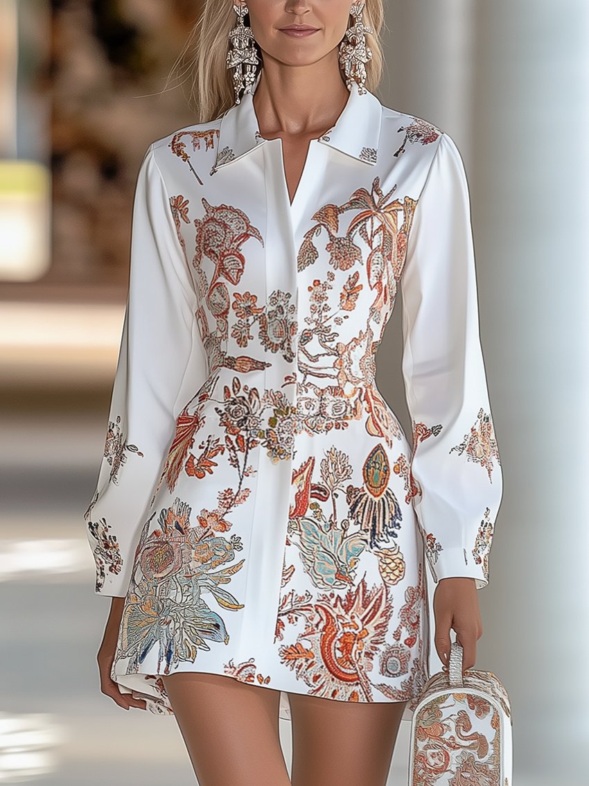 White With Fashion Print Mini Shirt Dress