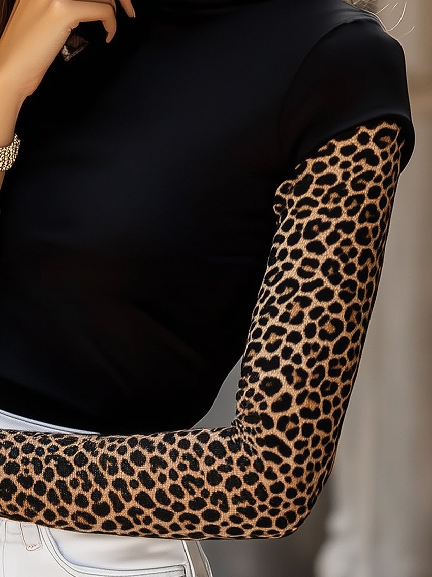 Black Round Neck High Stretch T-shirt With Leopard-Print Sleeves