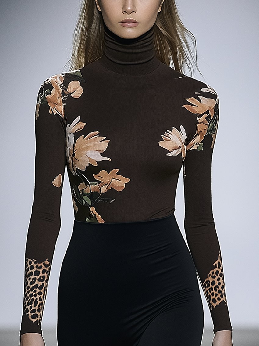 Brown Stretch-tight T-shirt With Leopard And Floral Print