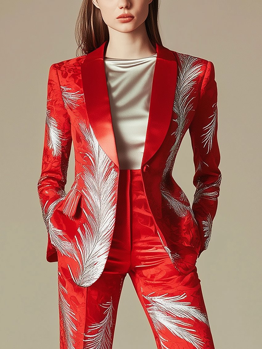 Red Satin Blazer With Silver Feather Print