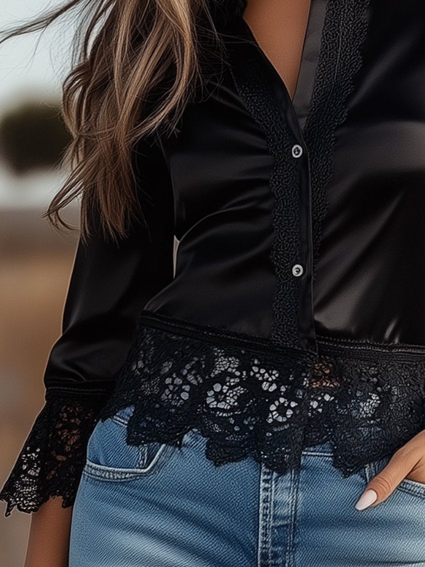 Black Satin Blouse With Stitching Lace At The Bottom And Cuffs