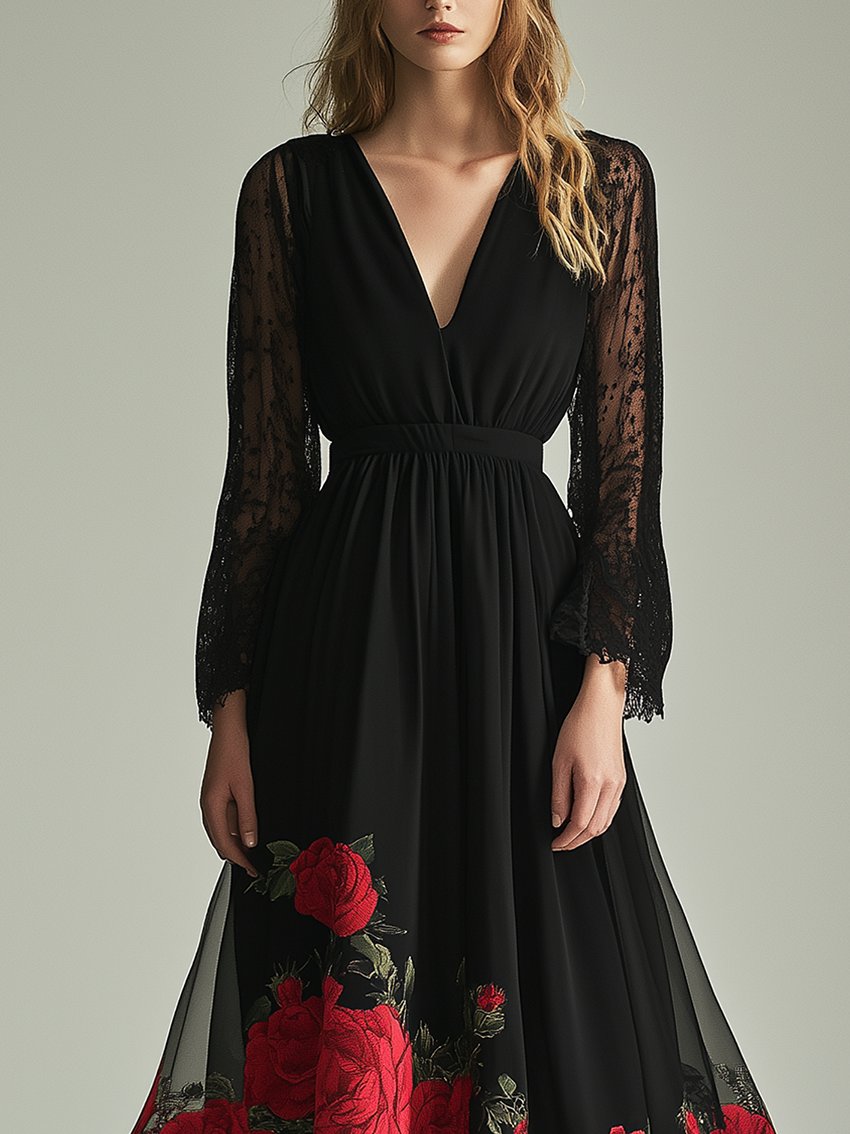 Black Dress With Lace Sleeves And Red Rose Print