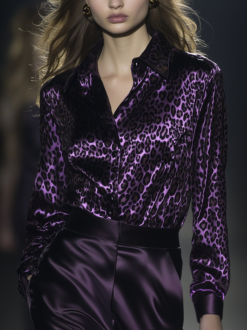 Purple Leopard-Print Satin Blouse