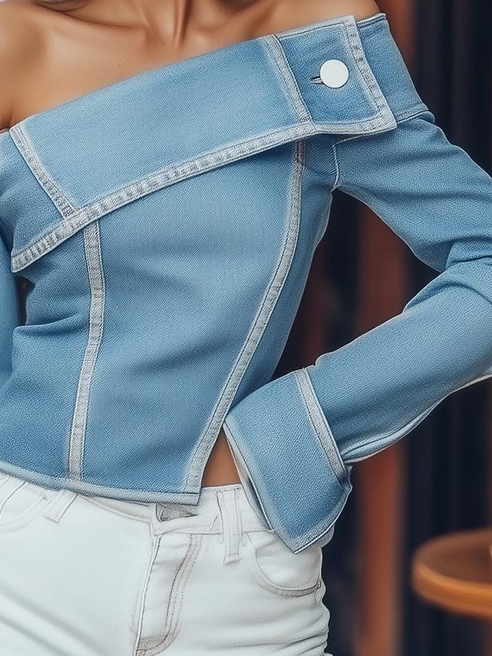 Fashion Off Shoulder Denim Long Sleeve Shirt