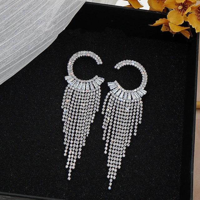 Long Tassel Rhinestone Drop Earrings