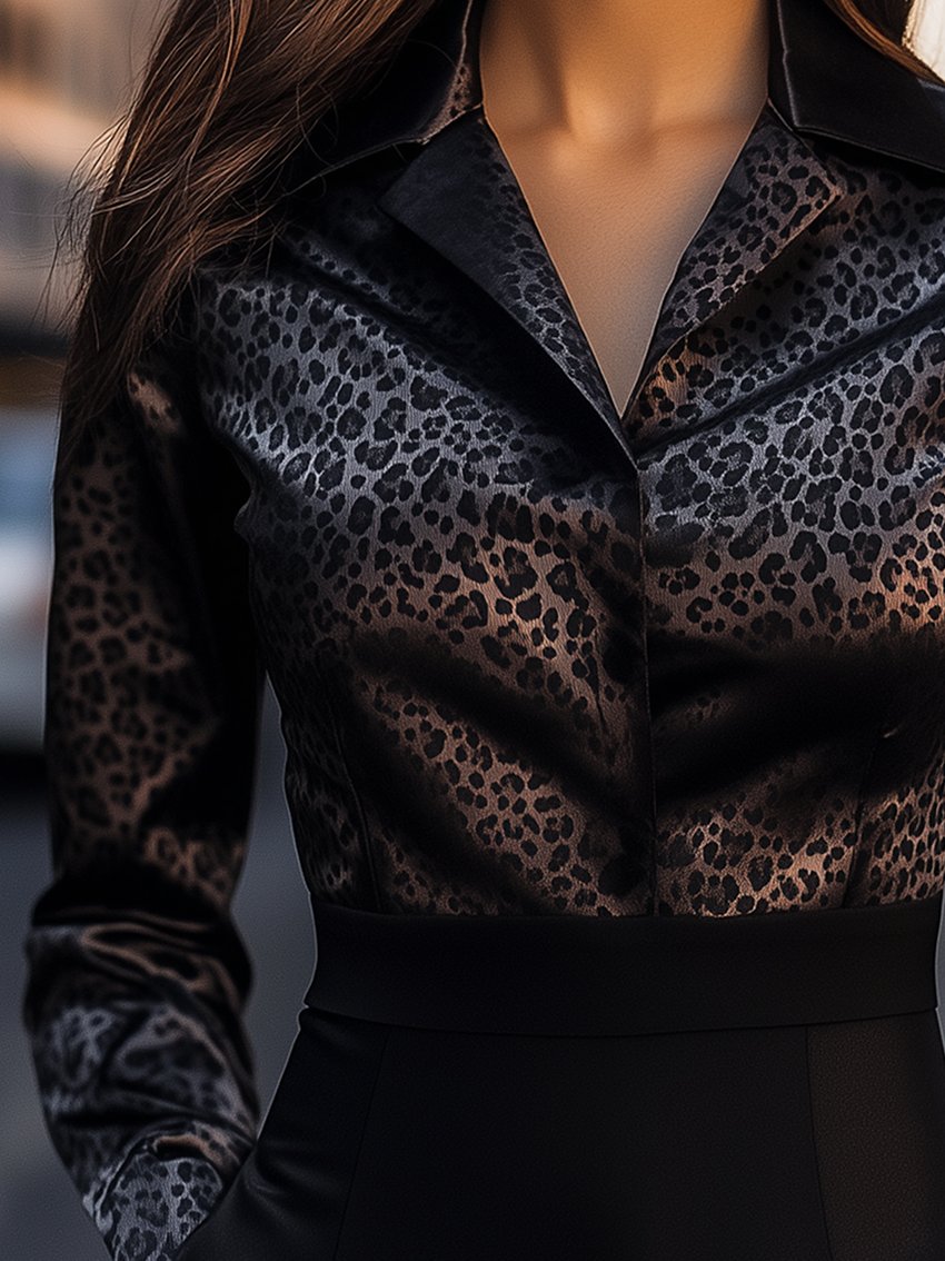 Black Charcoal Grey Leopard Print Satin Blouse