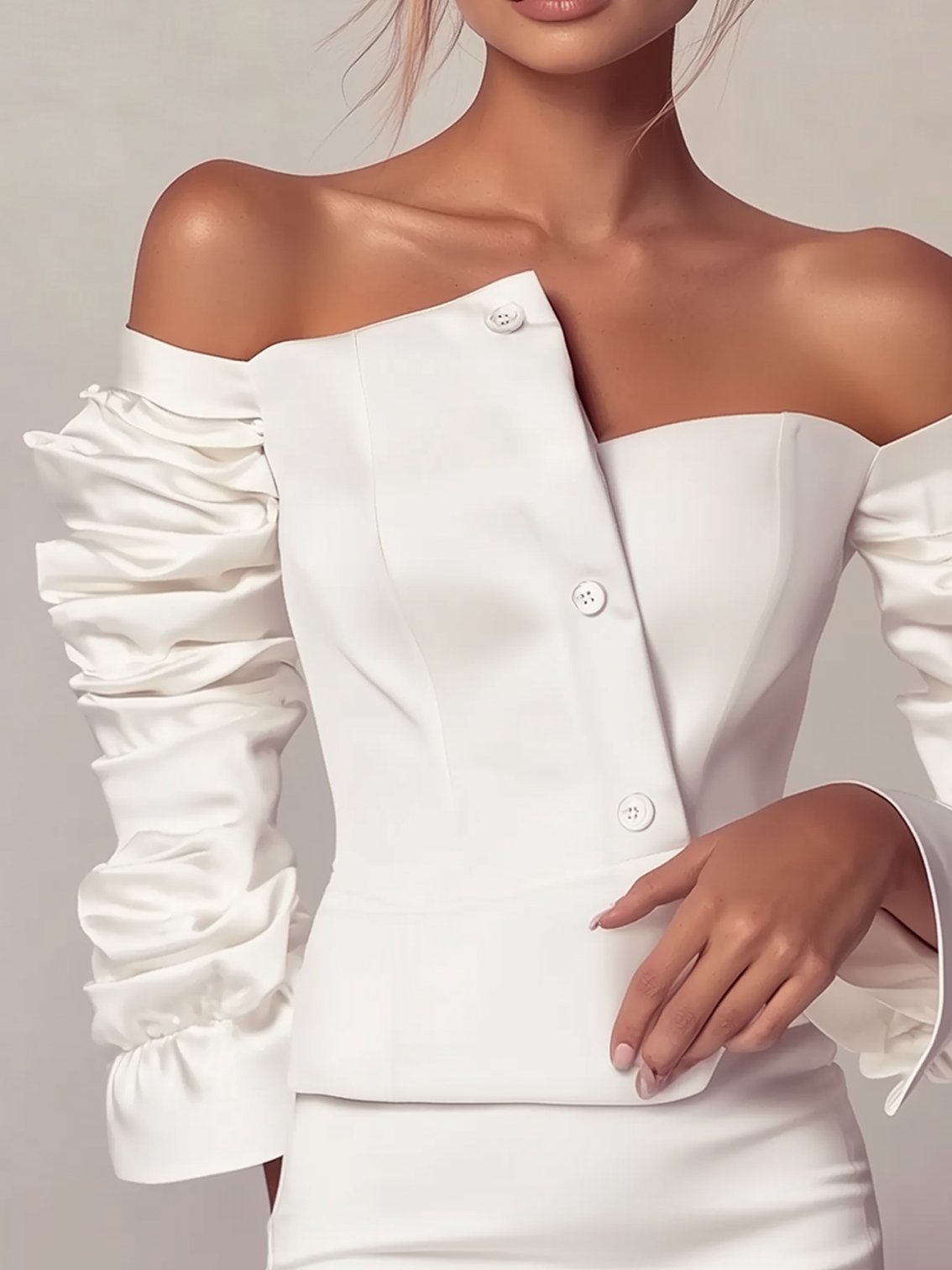 White Off-the-shoulder Blouse With Pleated Sleeves