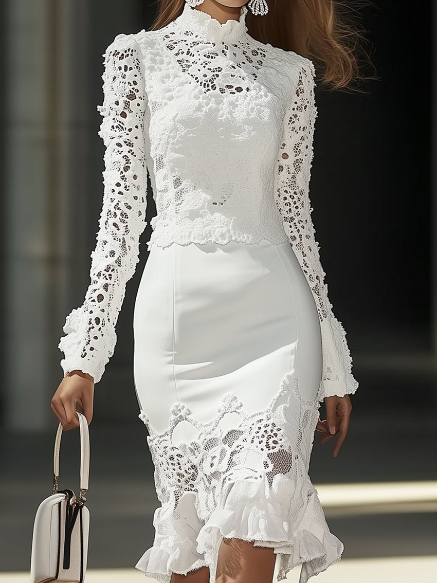 Fashion White Midi Dress With Lace Decoration At The Neckline And Bottom