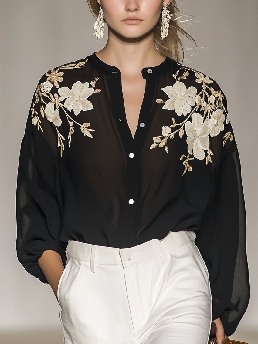 Black Round Tie Elegant Embroidered Flower Blouse