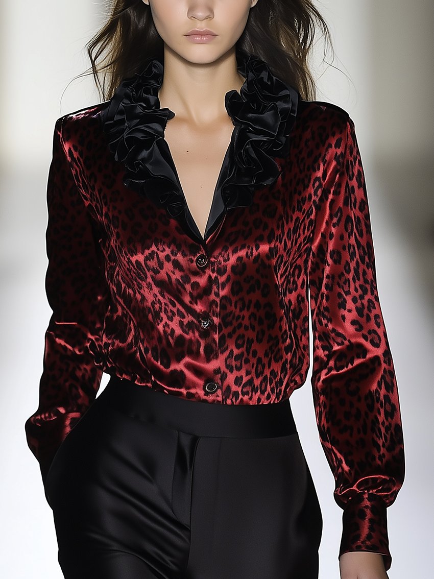 Dark Red Satin Leopard-Print Ruffle Neck Blouse