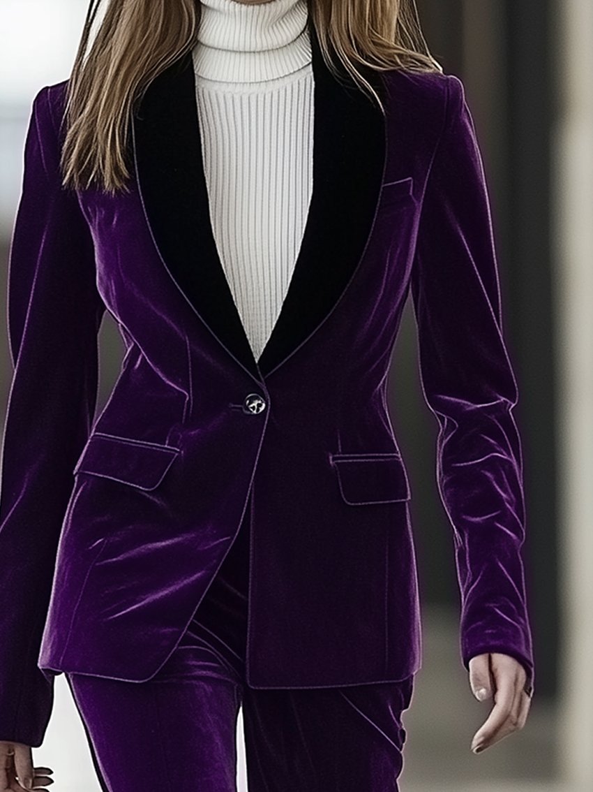 Purple Velvet Blazer With Black Collar