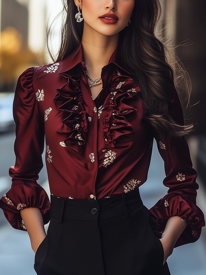 Dark Red-Print Satin Vintage Blouse