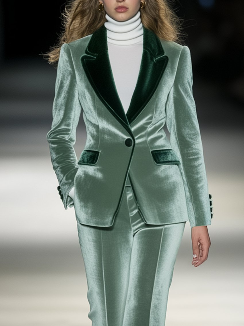 Mint Green Velvet Suit With Dark Green Collar