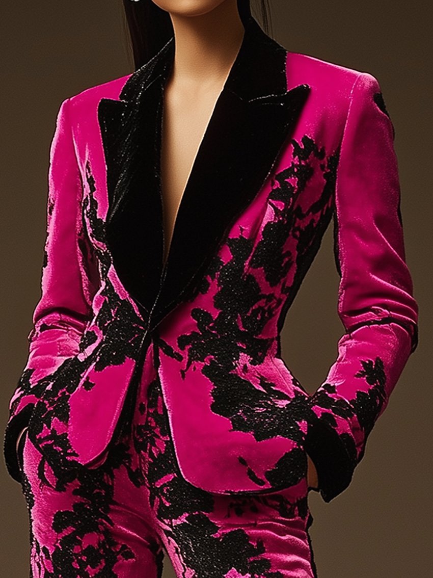 Barbie Pink Velvet Blazer With Black Collar Black Flower Print