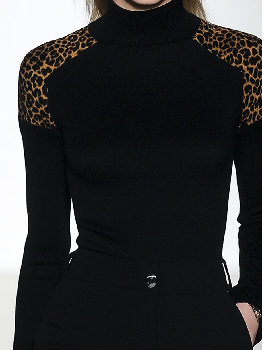 Leopard Print Shoulder Mat Neck Black Skinny T-shirt