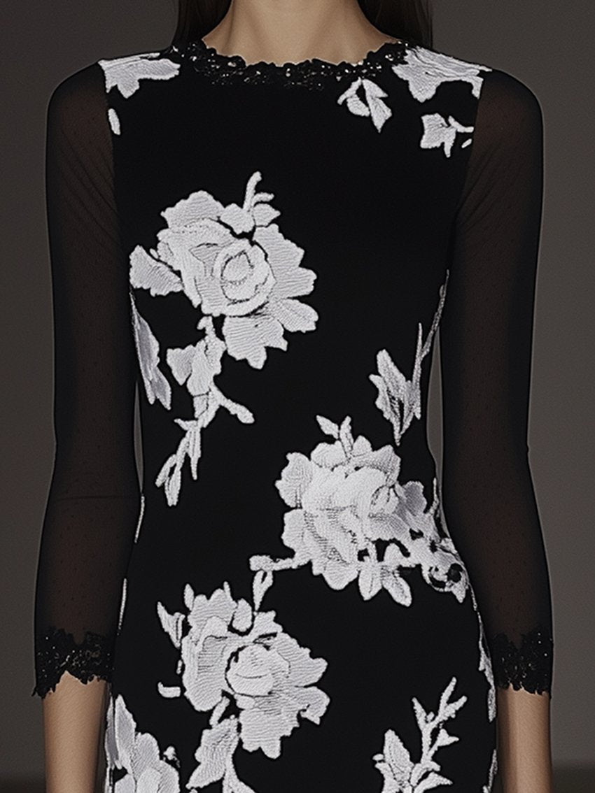 Black Midi Bodycon Dress With Gauze Sleeves And White Rose Print