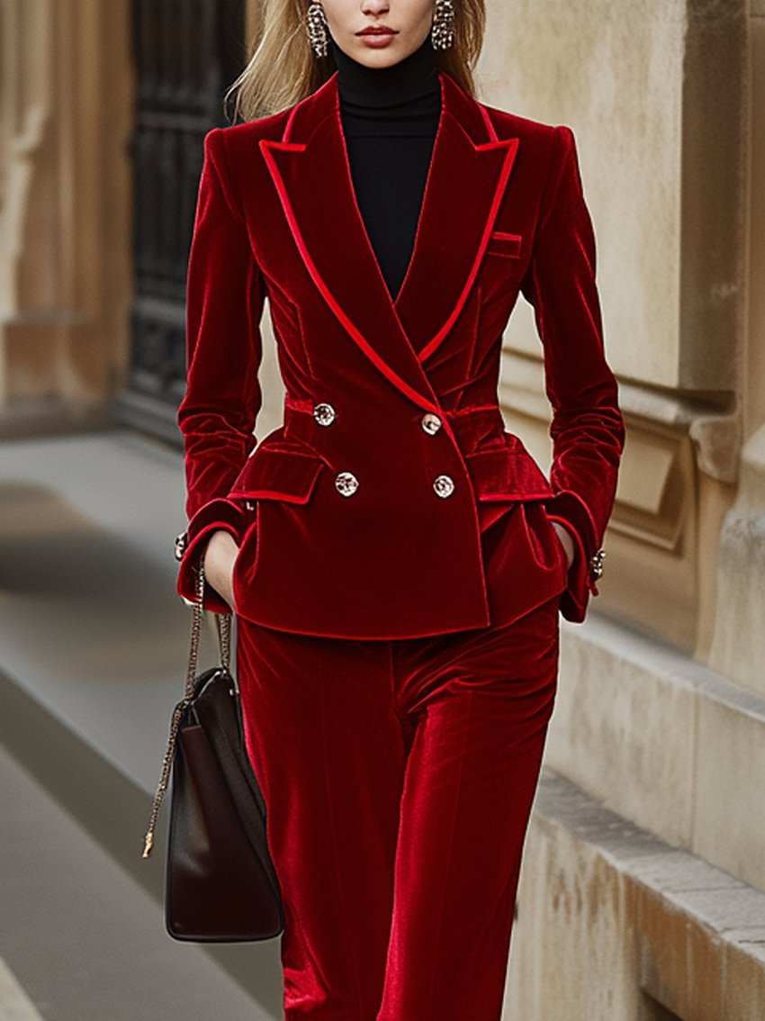 Double-breasted Red Velvet Blazer With Trim