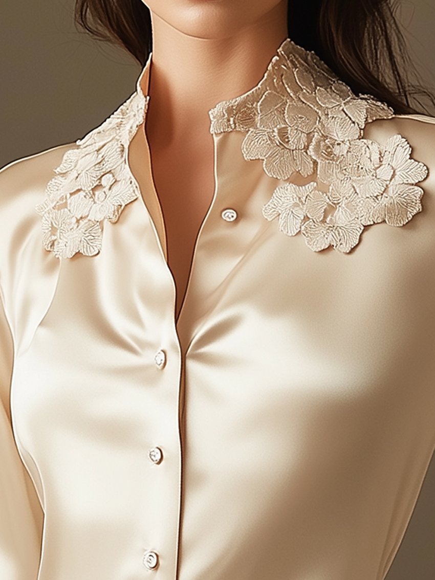 Beige Satin Blouse With Flower Embroidery At The Neckline