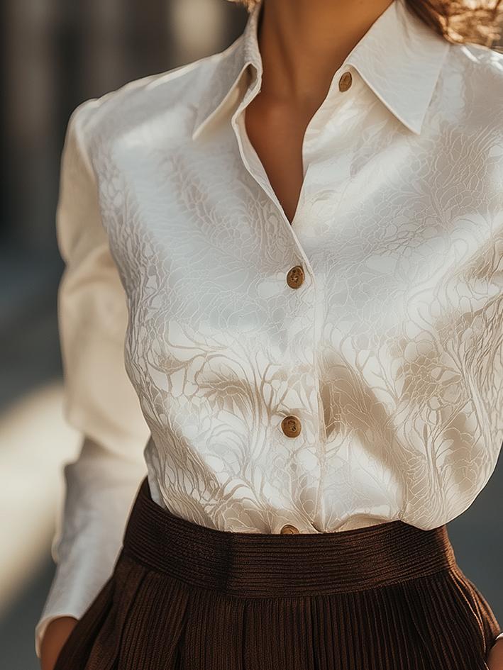 Beige Dark Floral-Print Satin Blouse