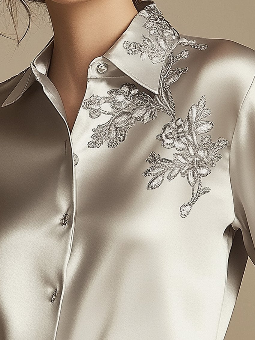 Light Gray Blouse With Plant Embroidery