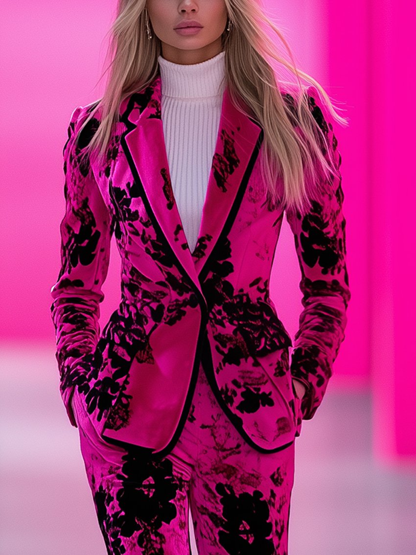 Barbie Pink Velvet Blazer With Black Plant Print