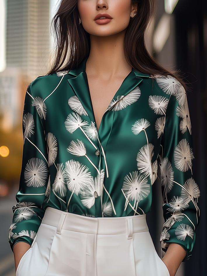 Green Dandelion-Print Satin Blouse