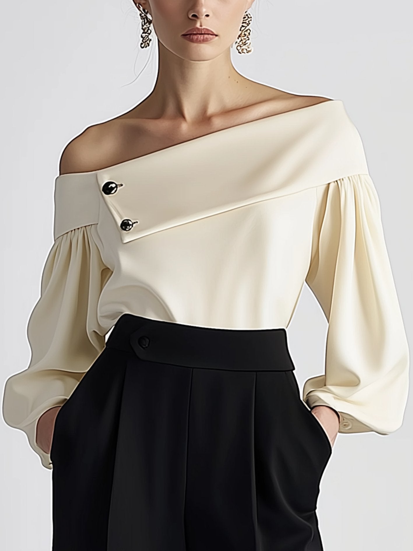 Off-the-shoulder Beige Shirt With Buttons