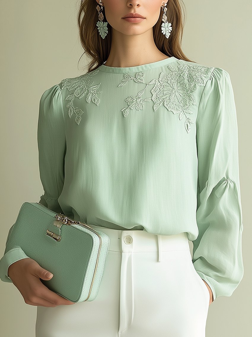 Crewneck Mint Green Embroidered Shirt