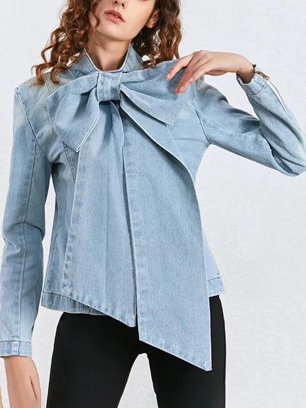 Zipper Bowknot Mock Neck Blouses