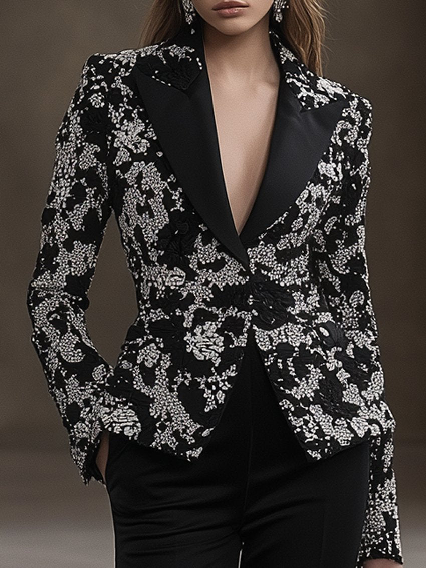 Black Blazer With White Lace Print