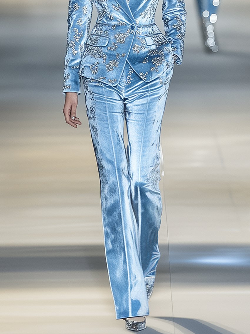 Sky Blue Velvet Pants With Silver Flowers