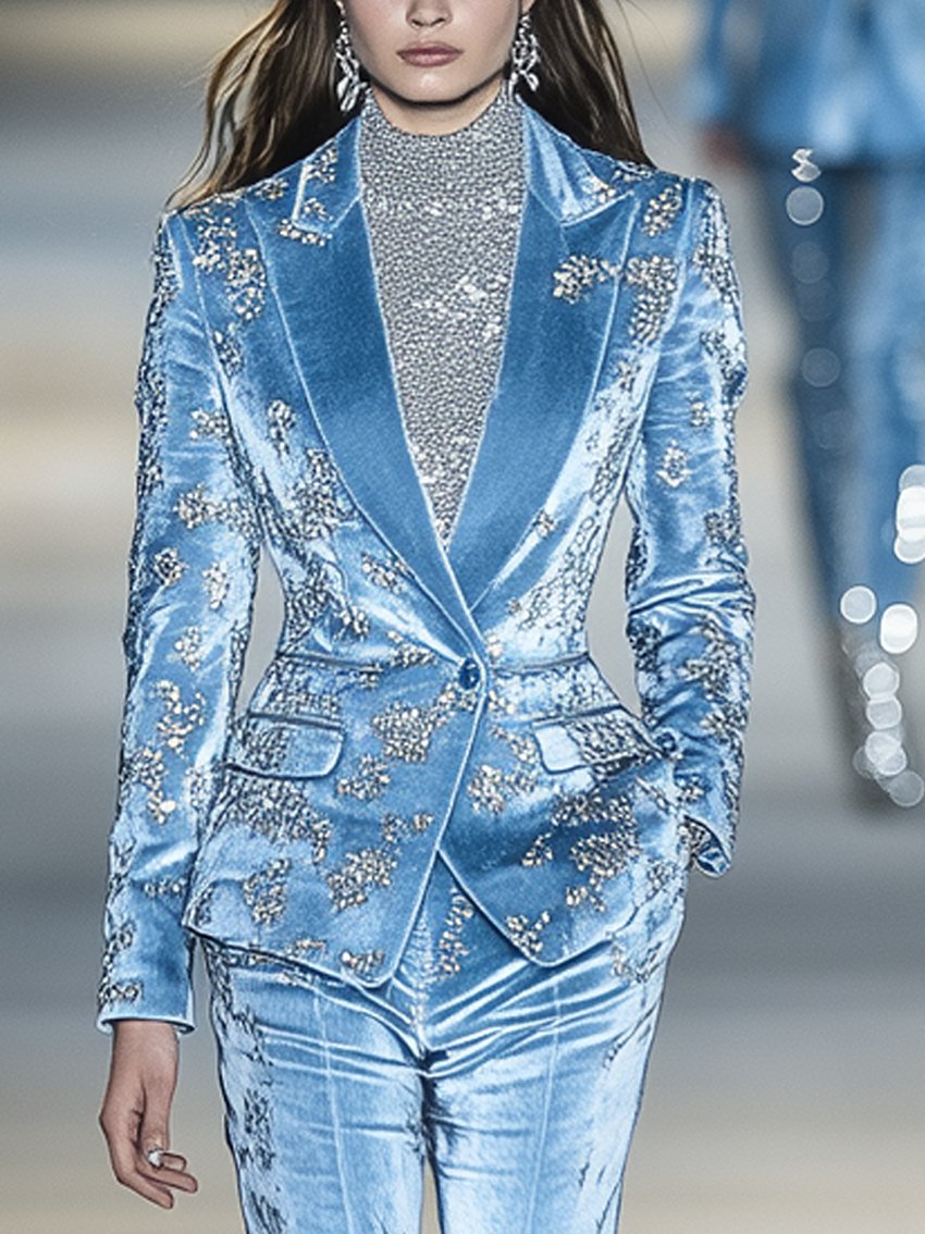 Sky Blue Velvet Blazer With Silver Flowers